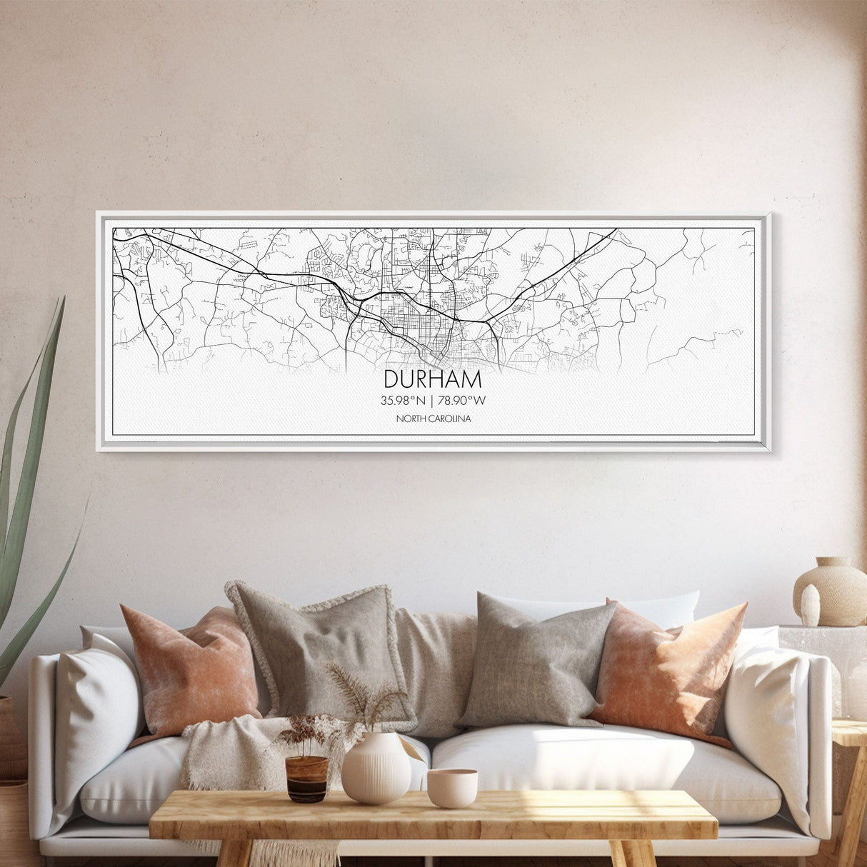 Panoramic Durham City Map, North Carolina Art, Map Print, Minimalist Wall Art, Canvas Art, Housewarming Gift, Street Map Art, Closing Gift