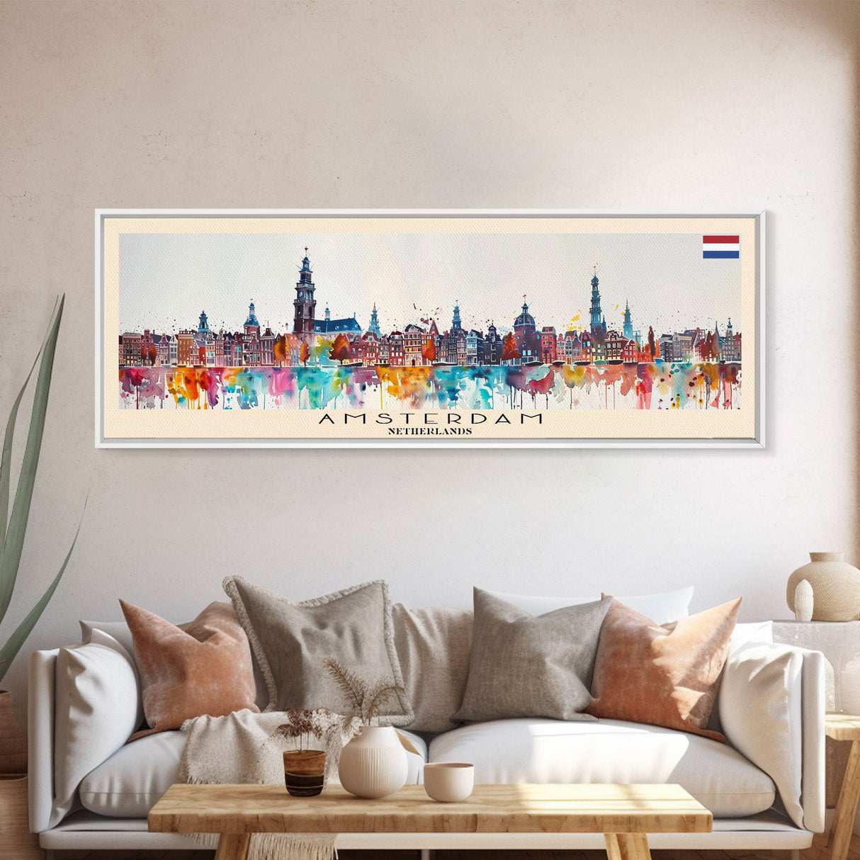 Amsterdam Netherlands Travel Art, City Art, Framed Canvas Print or Metal Wall Art, Europe Travel Poster, Panoramic Wall Art, Extra Wide Wall Art