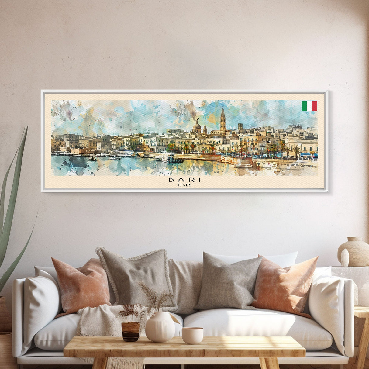 Bari Italy Panoramic Travel Poster, Framed Canvas Print or Metal Wall Art, Travel Art, Home Decor, Panoramic Painting, Midcentury Art