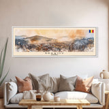 Brasov Romania Panoramic Travel Poster, Framed Canvas Print or Metal Wall Art, Travel Art, Home Decor, Panoramic Painting, Midcentury Art