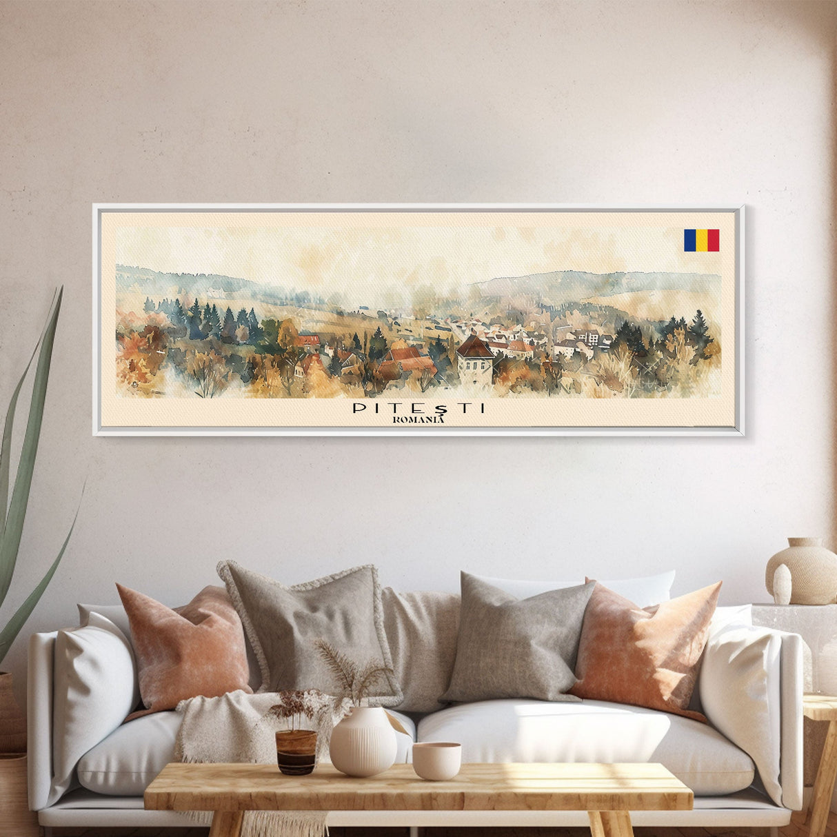 Piteti Romania Panoramic Travel Poster, Framed Canvas Print or Metal Wall Art, Travel Art, Home Decor, Panoramic Painting, Midcentury Art