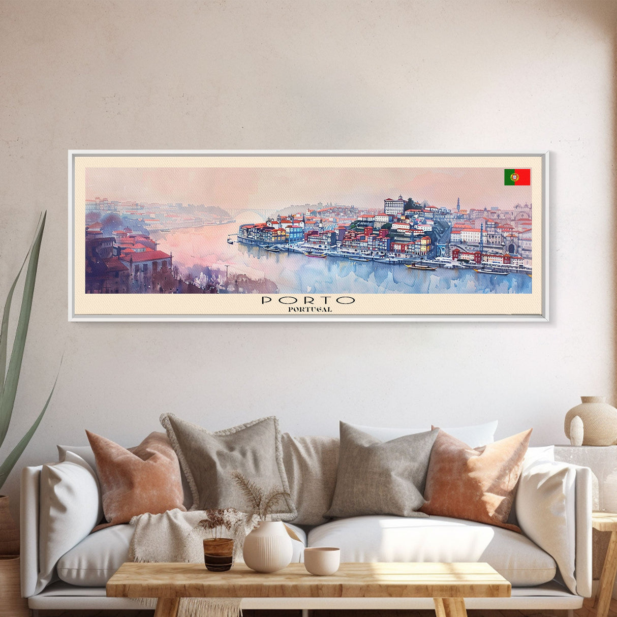 Porto Portugal Panoramic Travel Poster, Framed Canvas Print or Metal Wall Art, Travel Art, Home Decor, Panoramic Painting, Midcentury Art