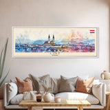 Linz Austria Panoramic Travel Poster, Framed Canvas Print or Metal Wall Art, Travel Art, Home Decor, Panoramic Painting, Midcentury Art