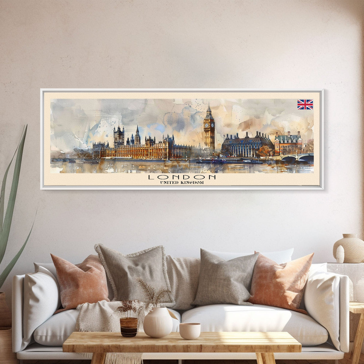 London United Kingdom Panoramic Travel Poster, Framed Canvas Print or Metal Wall Art, Travel Art, Home Decor, Panoramic Painting, Midcentury Art