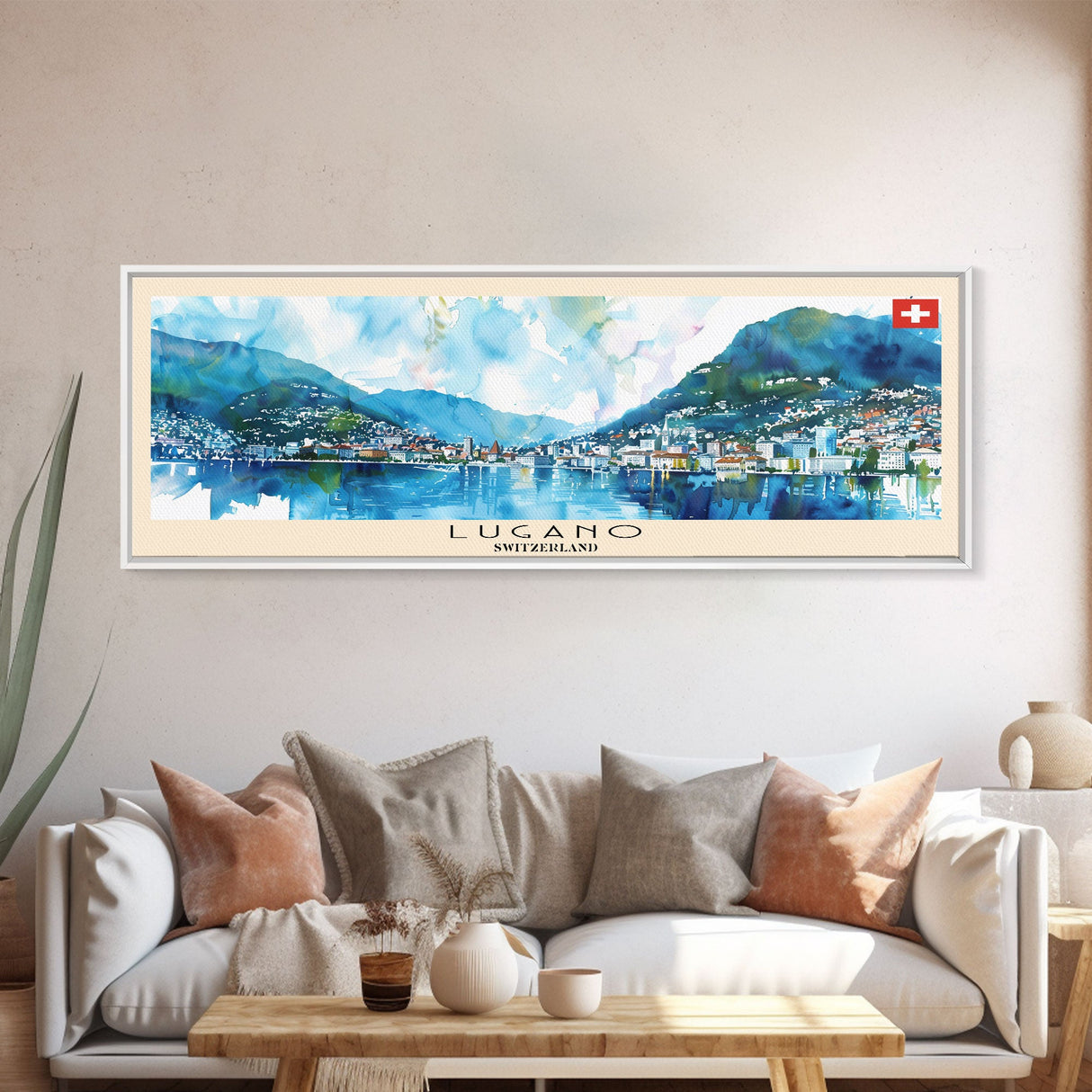 Lugano Switzerland Panoramic Travel Poster, Framed Canvas Print or Metal Wall Art, Travel Art, Home Decor, Panoramic Painting, Midcentury Art