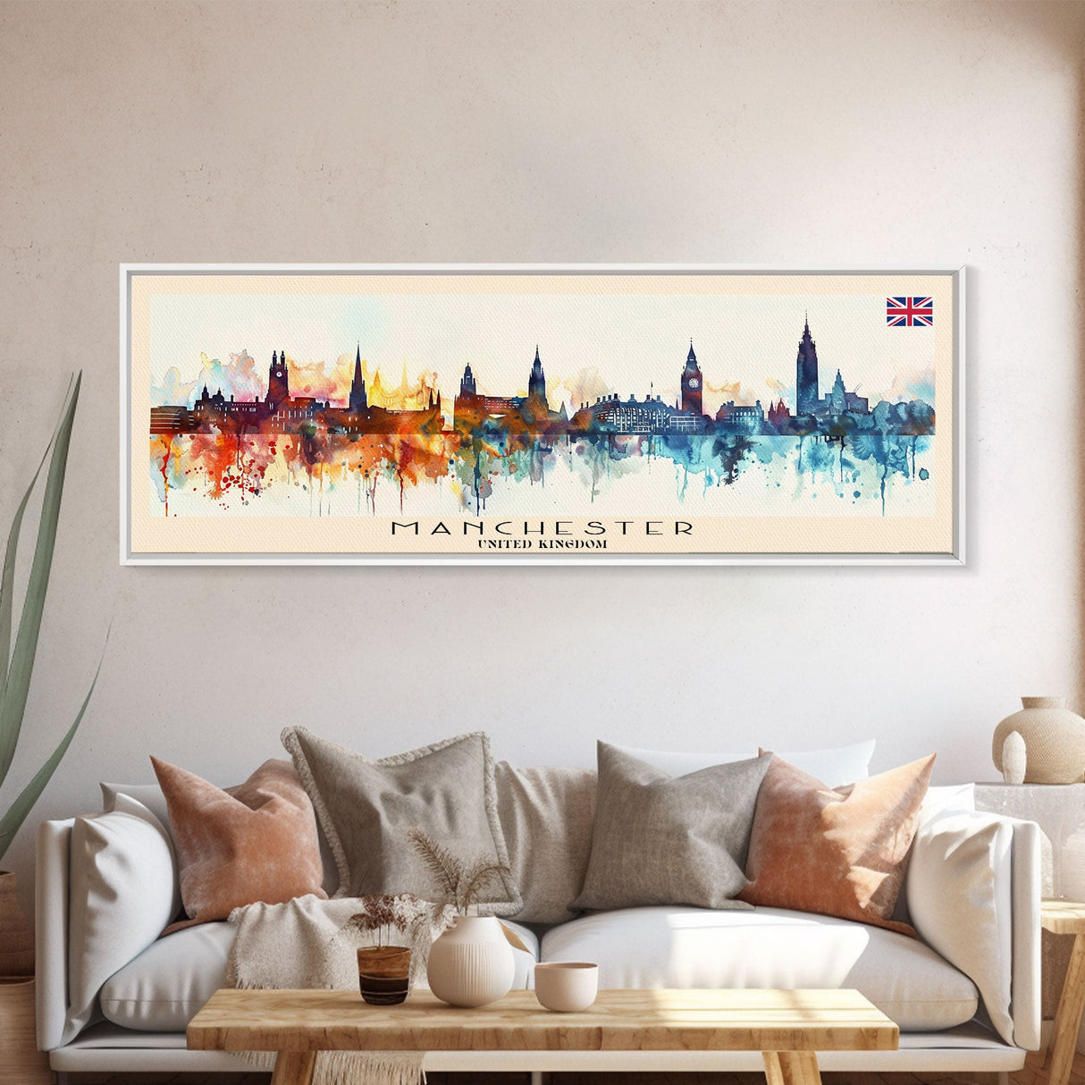 Manchester United Kingdom Panoramic Travel Poster, Framed Canvas Print or Metal Wall Art, Travel Art, Home Decor, Panoramic Painting, Midcentury Art