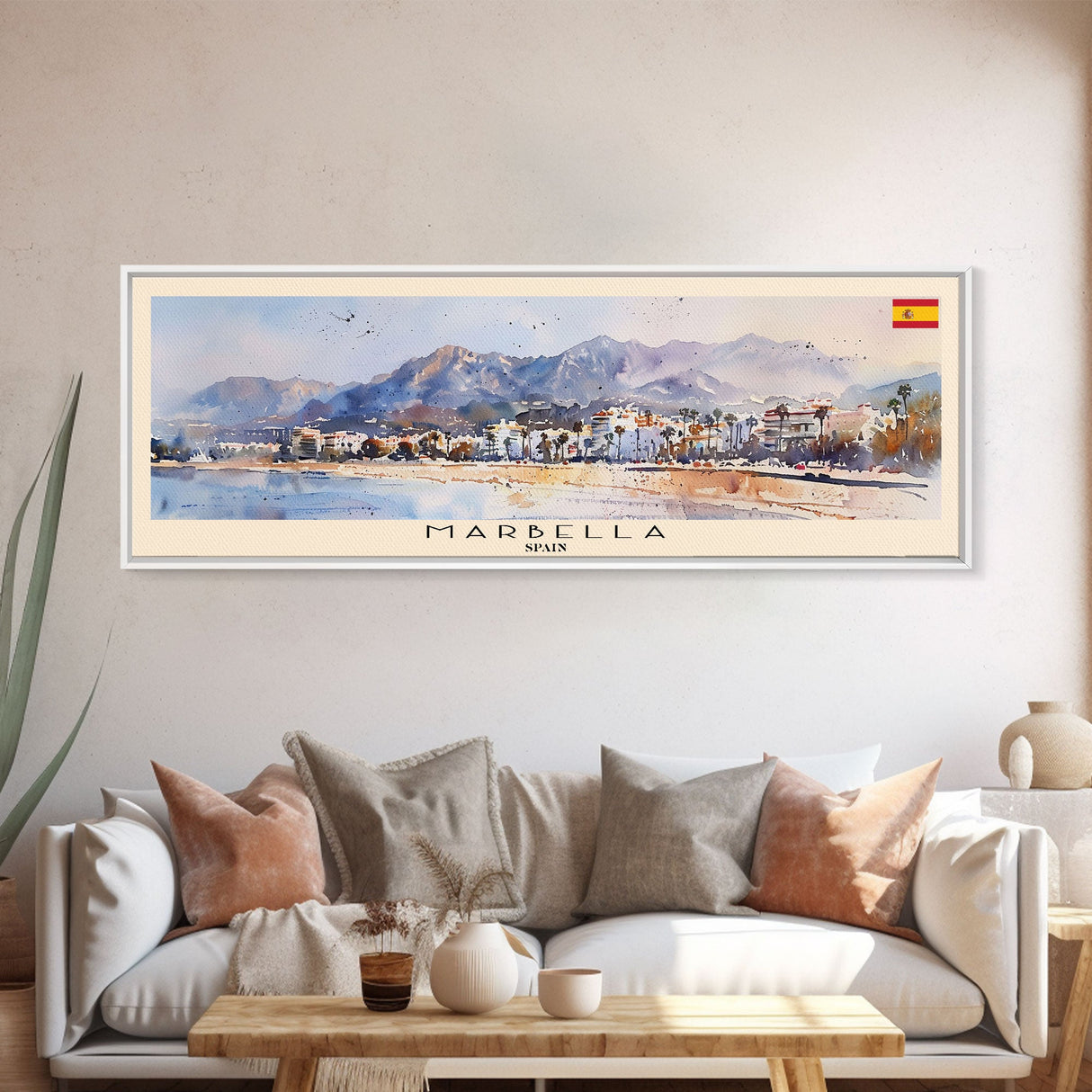 Marbella Spain Travel Art, City Art, Framed Canvas Print or Metal Wall Art, Europe Travel Poster, Panoramic Wall Art, Extra Wide Wall Art