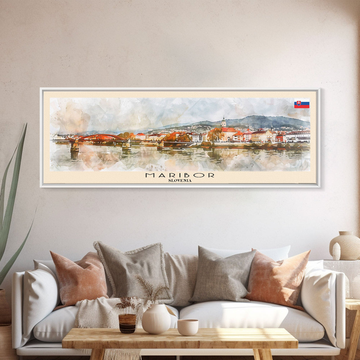 Maribor Slovenia Panoramic Travel Poster, Framed Canvas Print or Metal Wall Art, Travel Art, Home Decor, Panoramic Painting, Midcentury Art