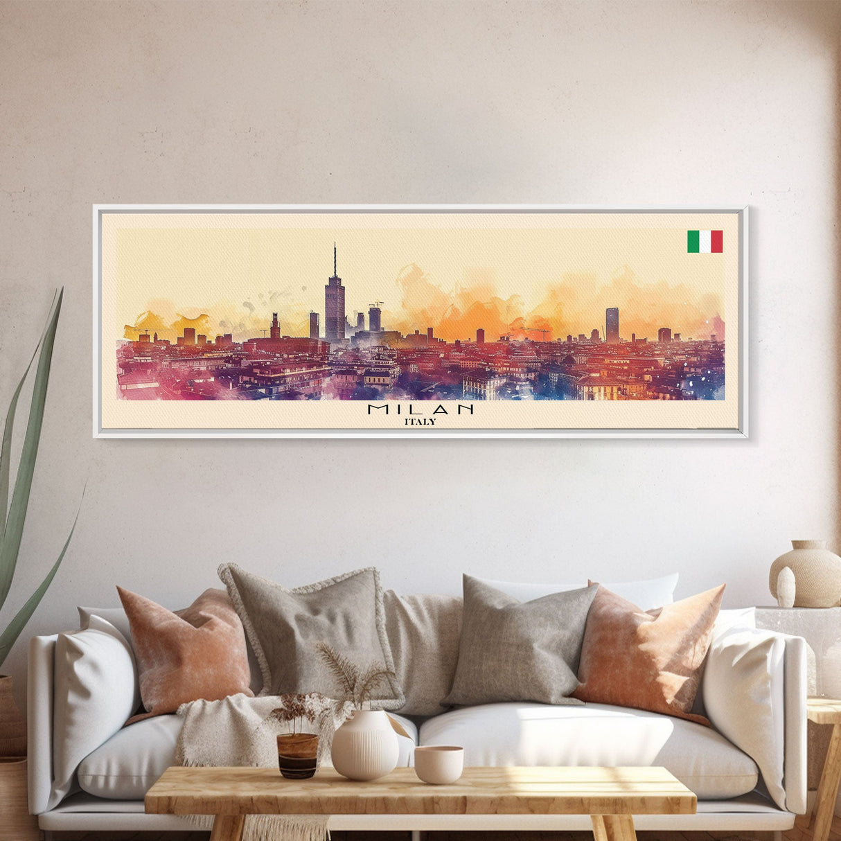 Milan Italy Panoramic Travel Poster, Framed Canvas Print or Metal Wall Art, Travel Art, Home Decor, Panoramic Painting, Midcentury Art