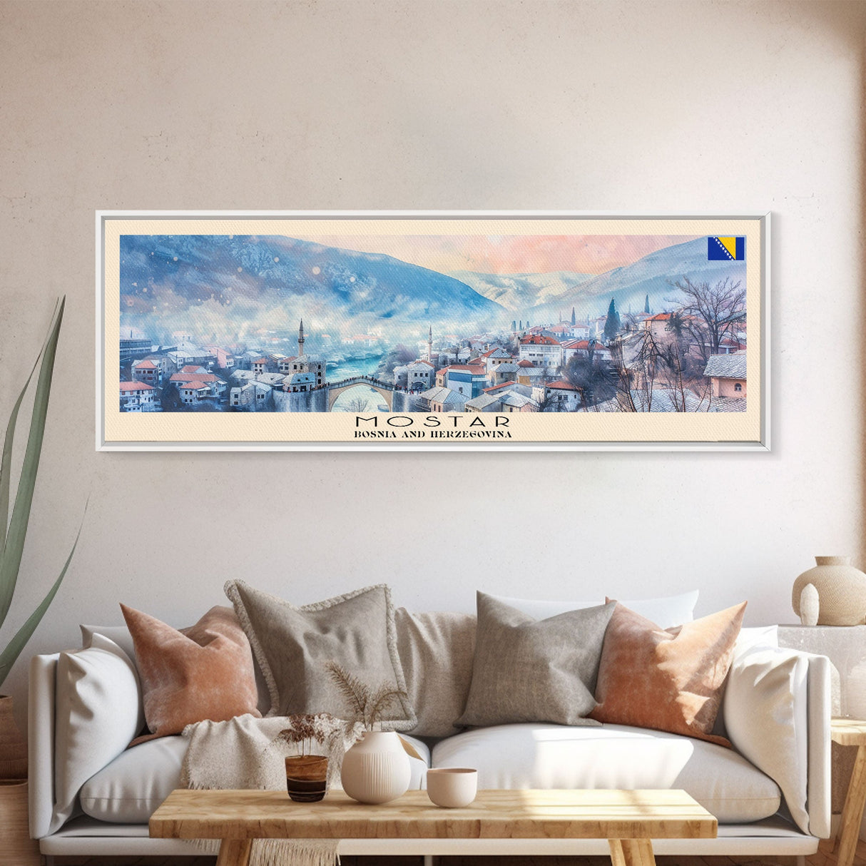 Mostar Bosnia Travel Art, City Art, Framed Canvas Print or Metal Wall Art, Europe Travel Poster, Panoramic Wall Art, Extra Wide Wall Art