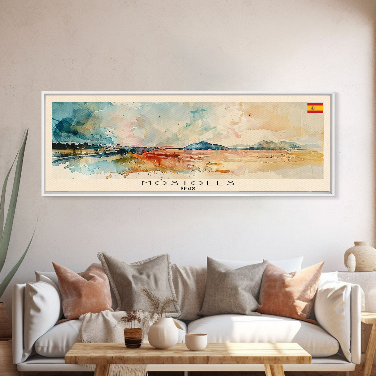 Mostoles Spain Panoramic Travel Poster, Framed Canvas Print or Metal Wall Art, Travel Art, Home Decor, Panoramic Painting, Midcentury Art