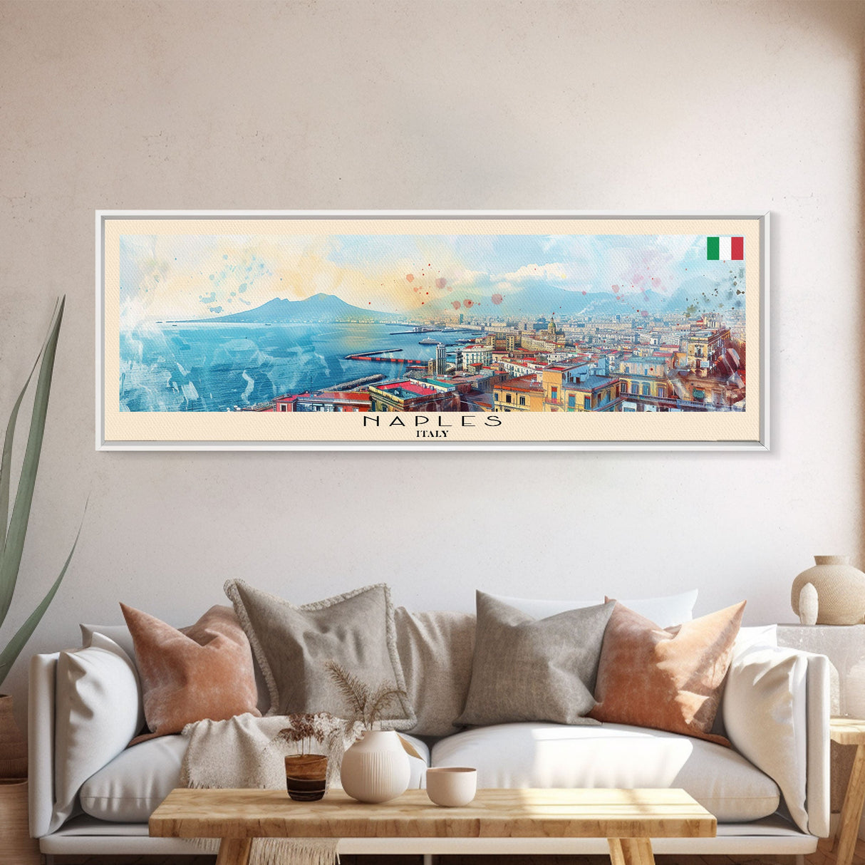 Napoles Italy Travel Art, City Art, Framed Canvas Print or Metal Wall Art, Europe Travel Poster, Panoramic Wall Art, Extra Wide Wall Art