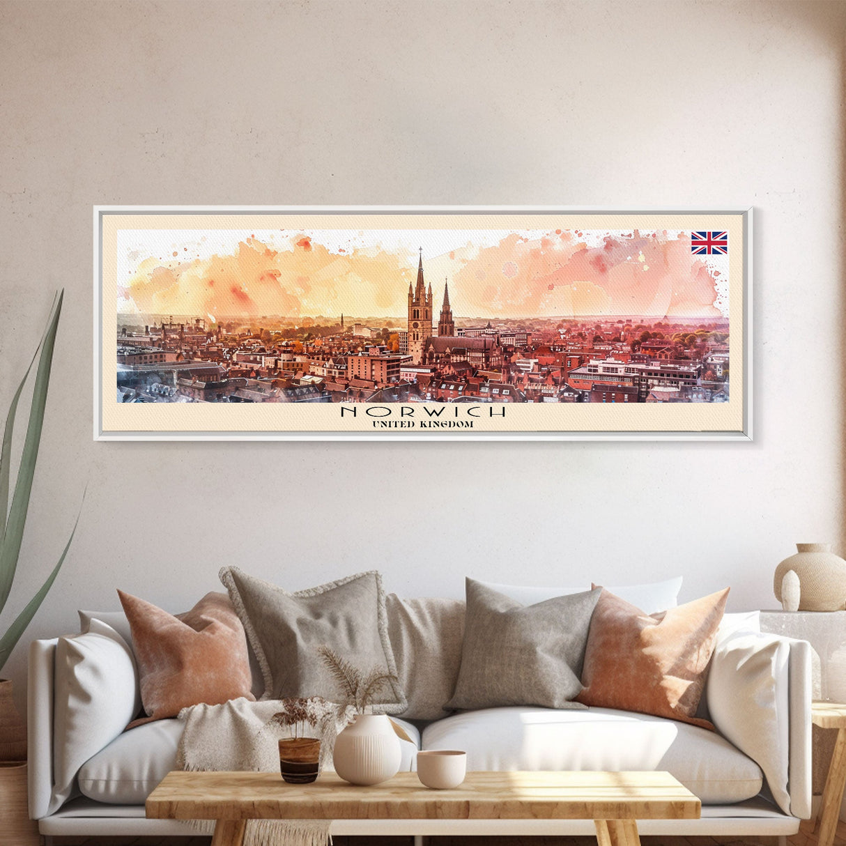 Norwich United Kingdom Panoramic Travel Poster, Framed Canvas Print or Metal Wall Art, Travel Art, Home Decor, Panoramic Painting, Midcentury Art