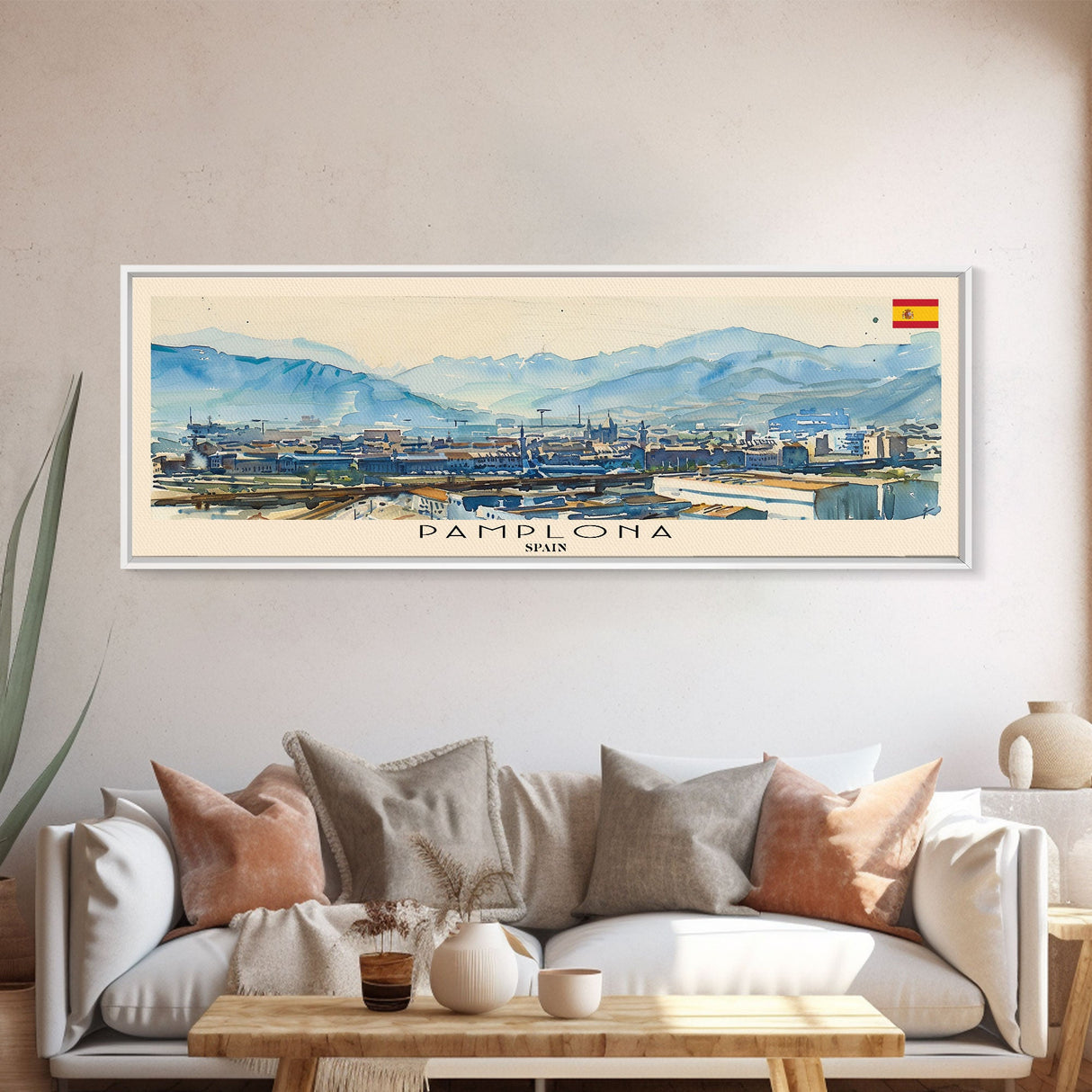 Pamplona Spain Panoramic Travel Poster, Framed Canvas Print or Metal Wall Art, Travel Art, Home Decor, Panoramic Painting, Midcentury Art