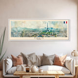 Paris France Panoramic Travel Poster, Framed Canvas Print or Metal Wall Art, Travel Art, Home Decor, Panoramic Painting, Midcentury Art