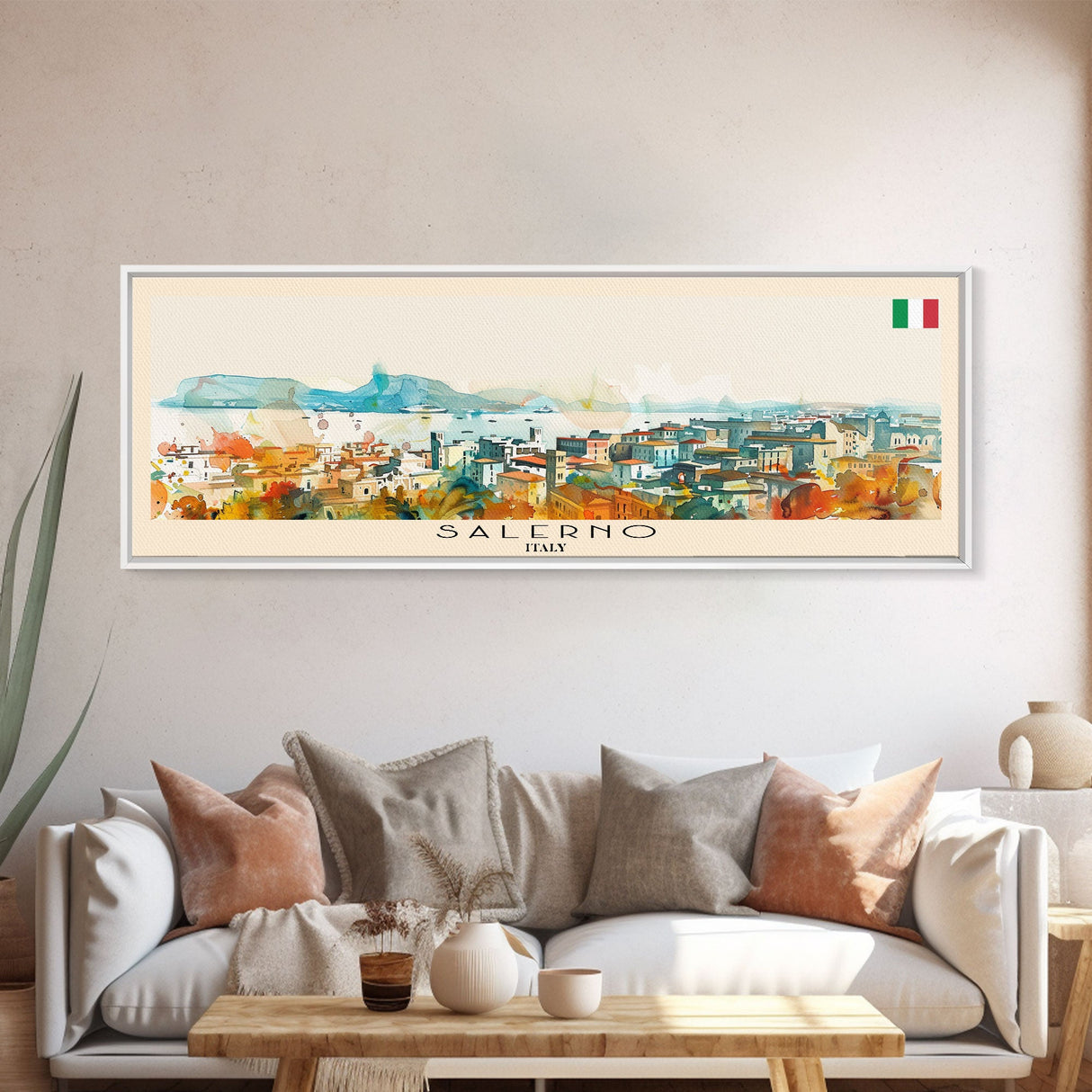 Salerno Italy Travel Art, City Art, Framed Canvas Print or Metal Wall Art, Europe Travel Poster, Panoramic Wall Art, Extra Wide Wall Art