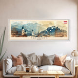 Salzburg Austria Panoramic Travel Poster, Framed Canvas Print or Metal Wall Art, Travel Art, Home Decor, Panoramic Painting, Midcentury Art