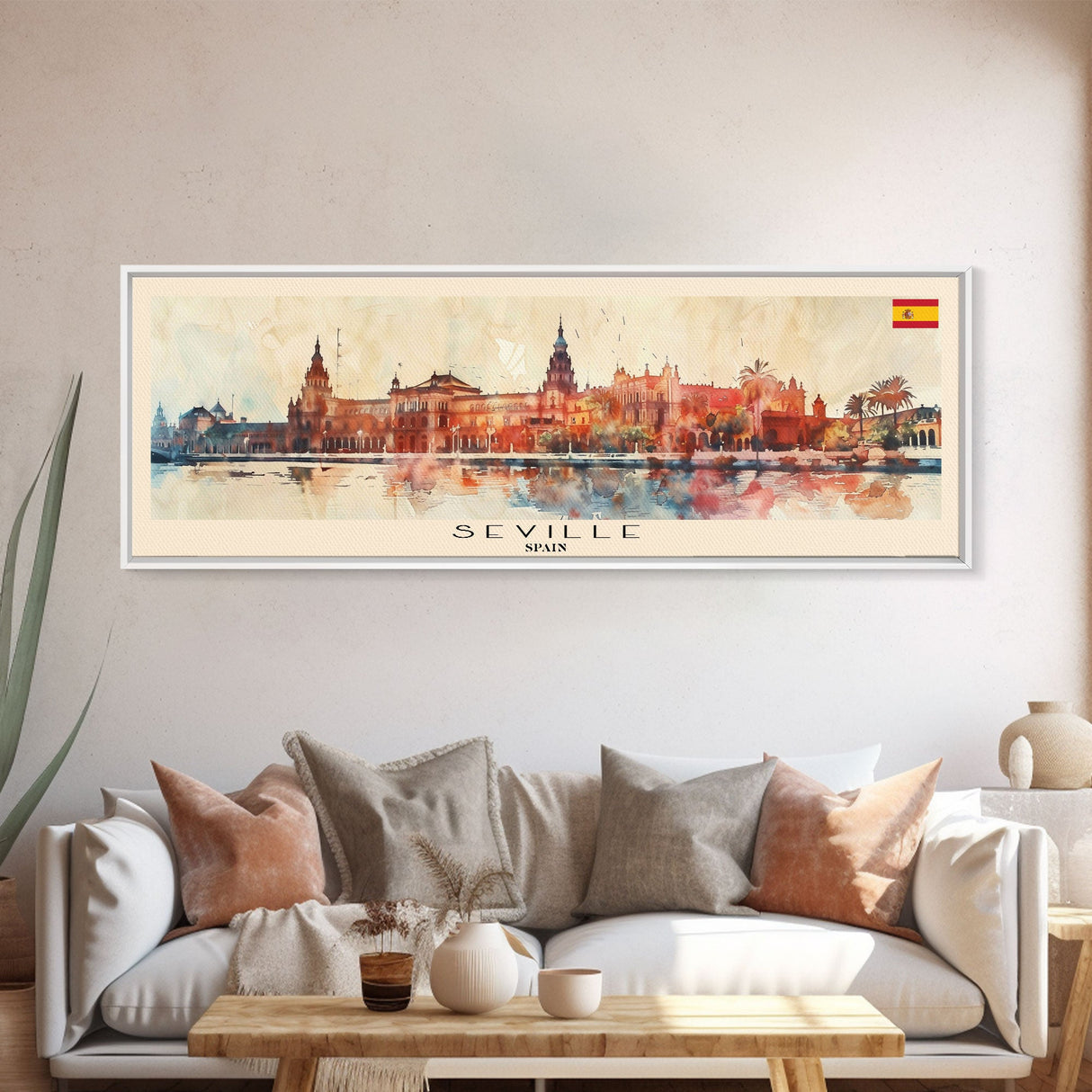 Seville Spain Panoramic Travel Poster, Framed Canvas Print or Metal Wall Art, Travel Art, Home Decor, Panoramic Painting, Midcentury Art