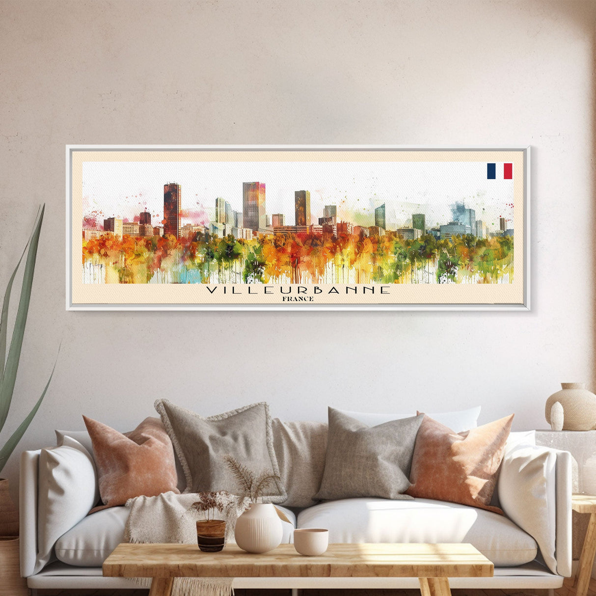 Villeurbanne France Panoramic Travel Poster, Framed Canvas Print or Metal Wall Art, Travel Art, Home Decor, Panoramic Painting, Midcentury Art