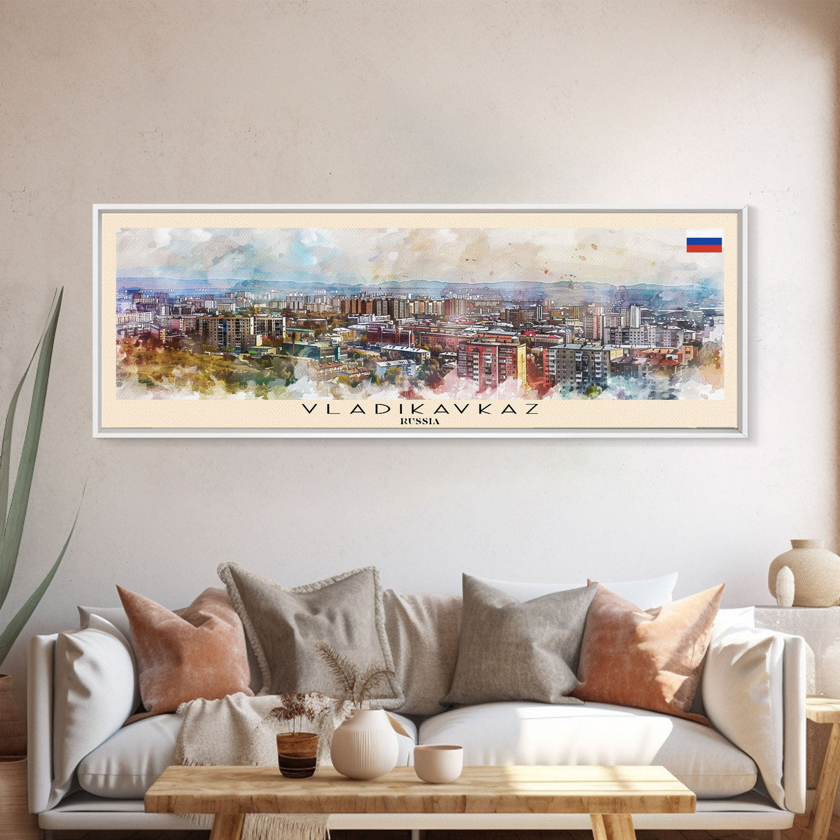 Vladikavkaz Russia Panoramic Travel Poster, Framed Canvas Print or Metal Wall Art, Travel Art, Home Decor, Panoramic Painting, Midcentury Art