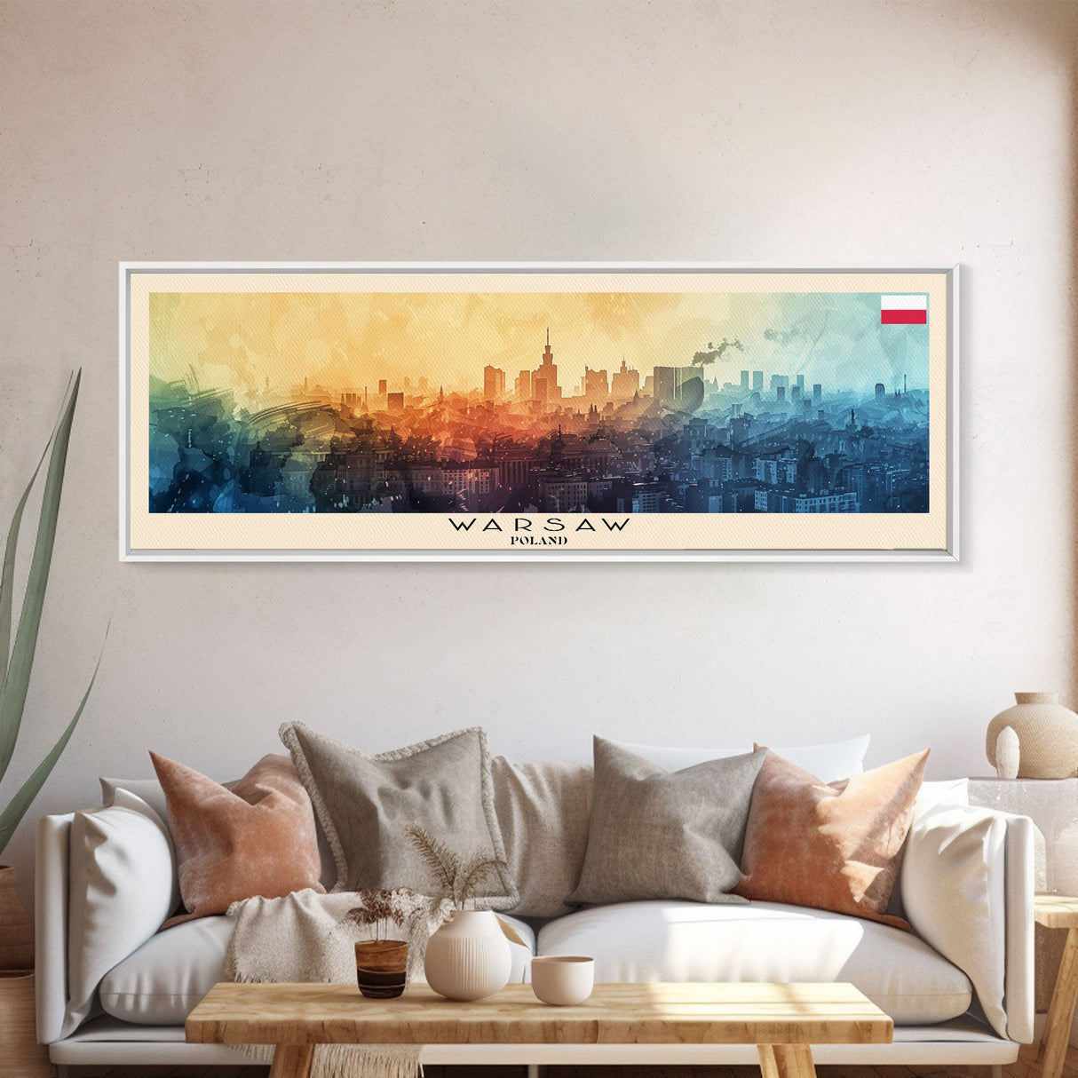 Warsaw Poland Travel Art, City Art, Framed Canvas Print or Metal Wall Art, Europe Travel Poster, Panoramic Wall Art, Extra Wide Wall Art