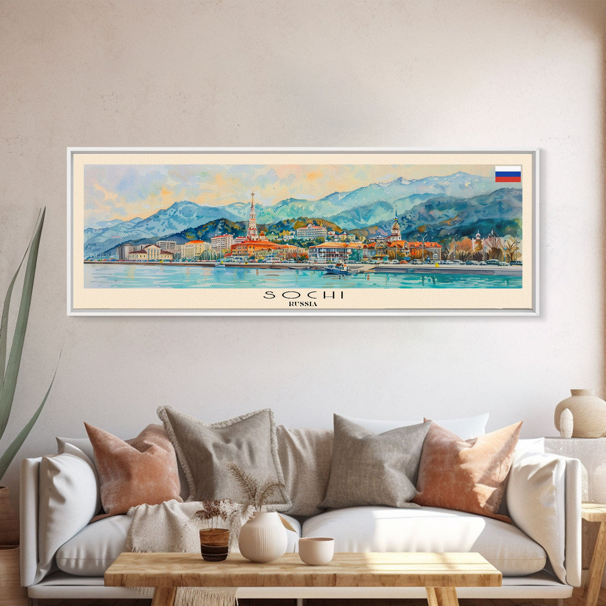 Sochi Russia Panoramic Travel Poster, Framed Canvas Print or Metal Wall Art, Travel Art, Home Decor, Panoramic Painting, Midcentury Art