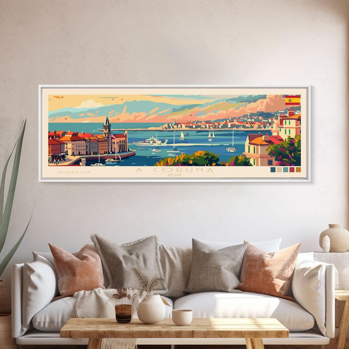 A Coruña Spain Travel Art, City Art, Framed Canvas Print or Metal Wall Art, Europe Travel Poster, Panoramic Wall Art, Extra Wide Wall Art