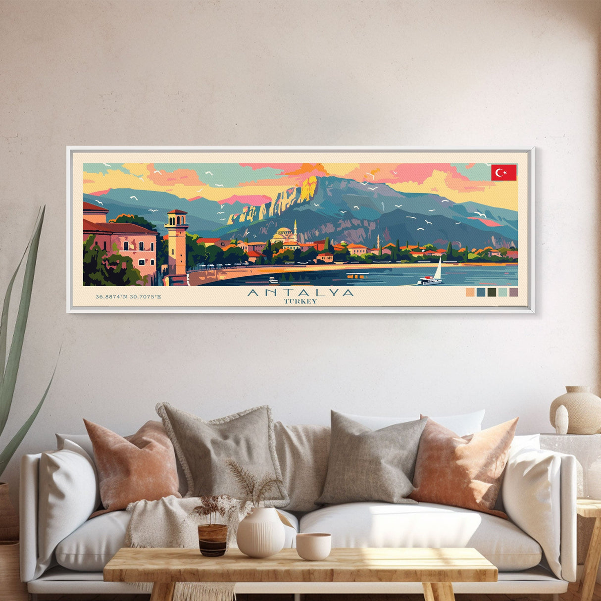 Antalya Turkey Panoramic Travel Poster, Framed Canvas Print or Metal Wall Art, Travel Art, Home Decor, Panoramic Painting, Midcentury Art