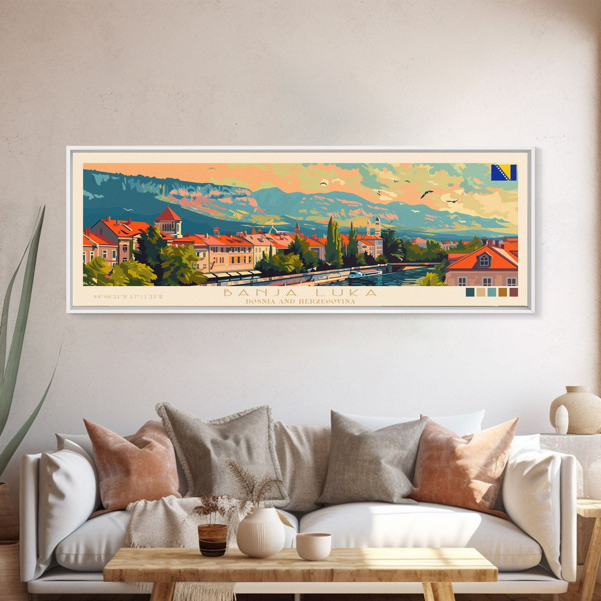 Banja Luka Bosnia Panoramic Travel Poster, Framed Canvas Print or Metal Wall Art, Travel Art, Home Decor, Panoramic Painting, Midcentury Art