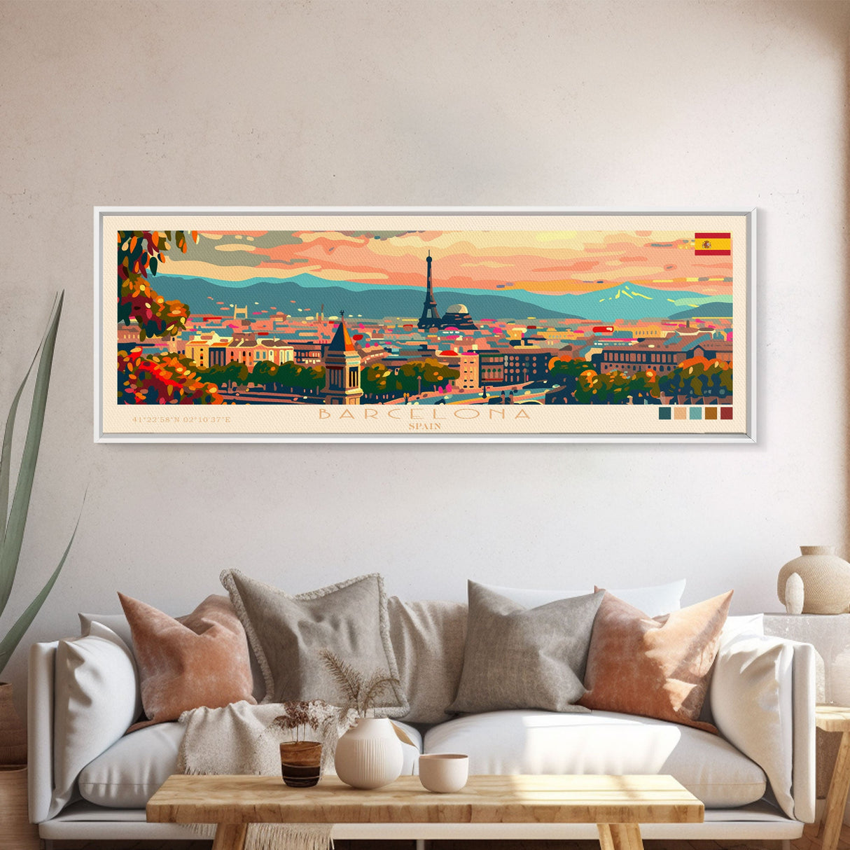 Barcelona Spain Travel Print Wall Art, Panoramic City Art, Travel Art, Wall Decor, Vacation Gift, Framed Canvas Print Or Metal Art