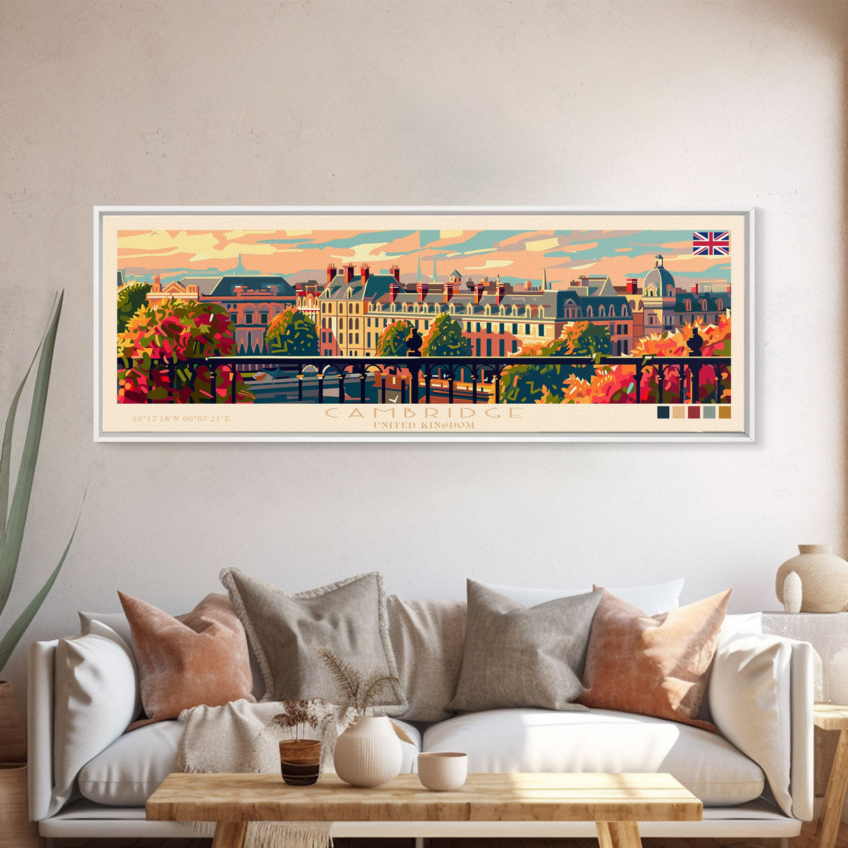 Cambridge United Kingdom Travel Print Wall Art, Panoramic City Art, Travel Art, Wall Decor, Vacation Gift, Framed Canvas Print Or Metal Art