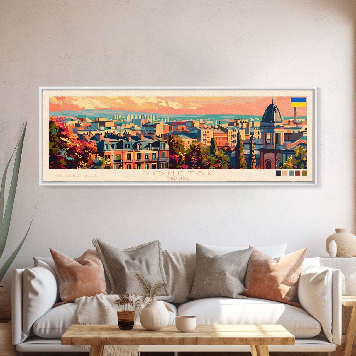 Donetsk Ukraine Panoramic Travel Poster, Framed Canvas Print or Metal Wall Art, Travel Art, Home Decor, Panoramic Painting, Midcentury Art