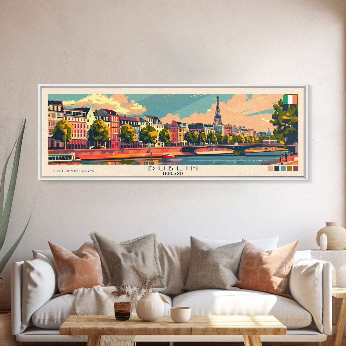 Dublin Ireland Panoramic Travel Poster, Framed Canvas Print or Metal Wall Art, Travel Art, Home Decor, Panoramic Painting, Midcentury Art