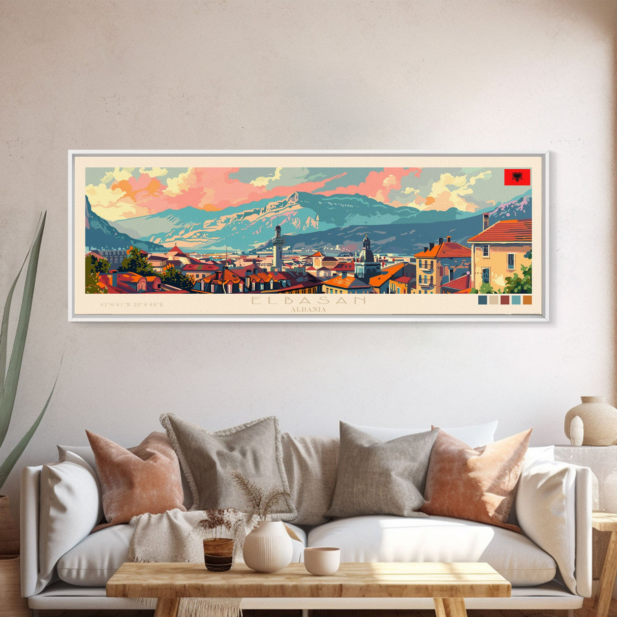 Elbasan Albania Travel Print Wall Art, Panoramic City Art, Travel Art, Wall Decor, Vacation Gift, Framed Canvas Print Or Metal Art