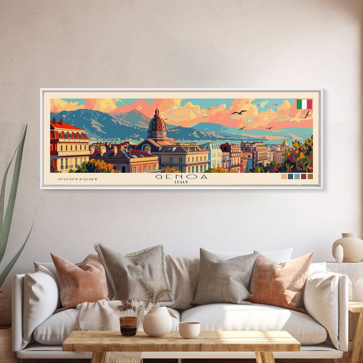 Genoa Italy Travel Art, City Art, Framed Canvas Print or Metal Wall Art, Europe Travel Poster, Panoramic Wall Art, Extra Wide Wall Art