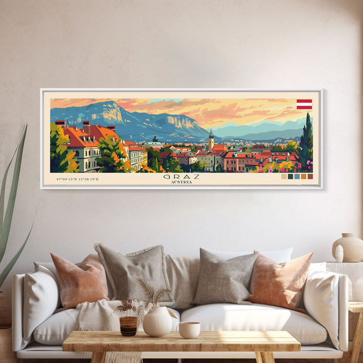 Graz Austria Wall Art, Panoramic Travel Poster, Panoramic Framed Canvas Print, City Wall Art, Wall Hanging Home Decor, Travel Art