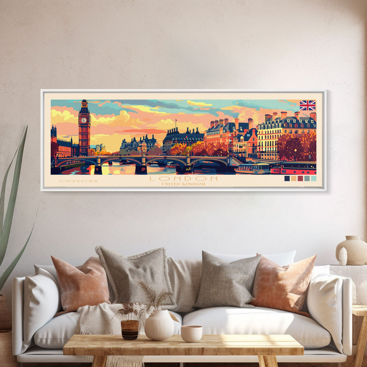 London United Kingdom Panoramic Travel Poster, Framed Canvas Print or Metal Wall Art, Travel Art, Home Decor, Panoramic Painting, Midcentury Art