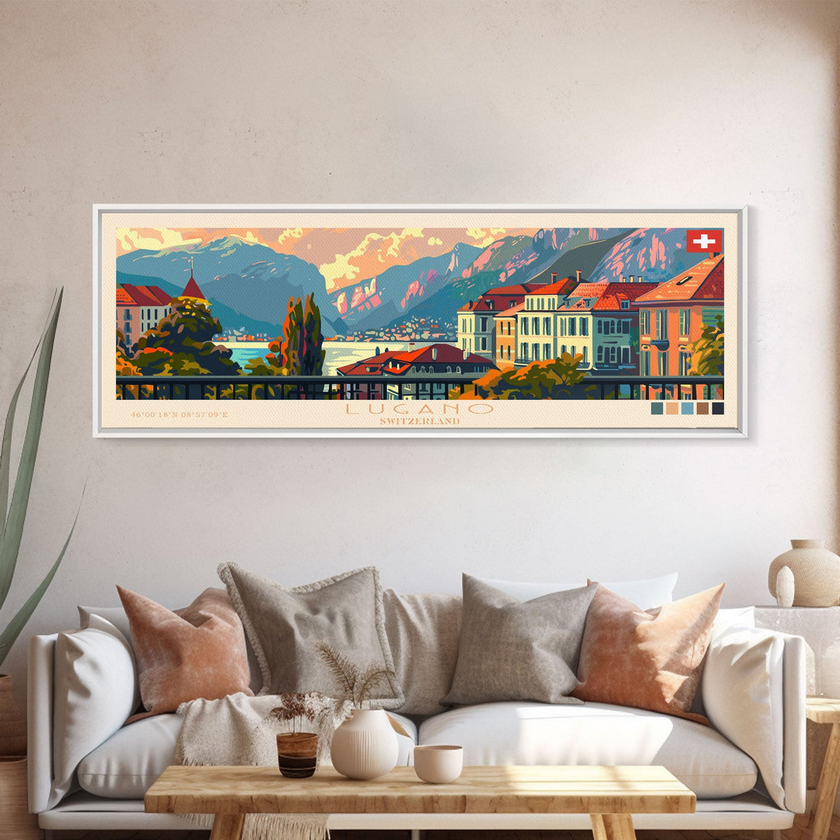 Lugano Switzerland Panoramic Travel Poster, Framed Canvas Print or Metal Wall Art, Travel Art, Home Decor, Panoramic Painting, Midcentury Art