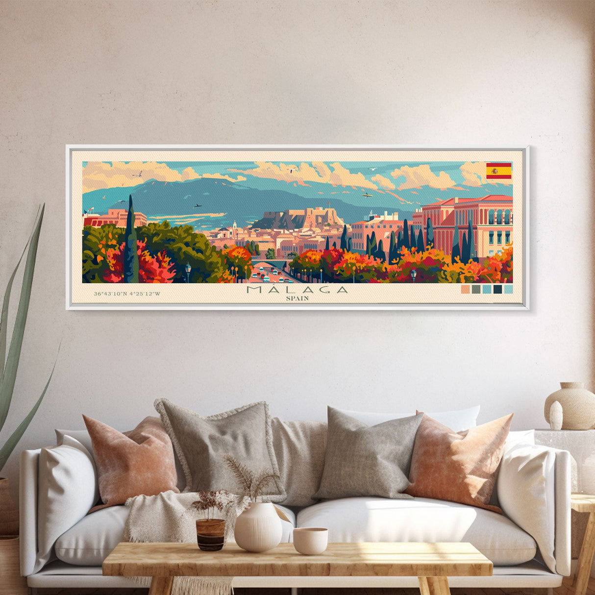 Malaga Spain Wall Art, Panoramic Travel Poster, Panoramic Framed Canvas Print, City Wall Art, Wall Hanging Home Decor, Travel Art