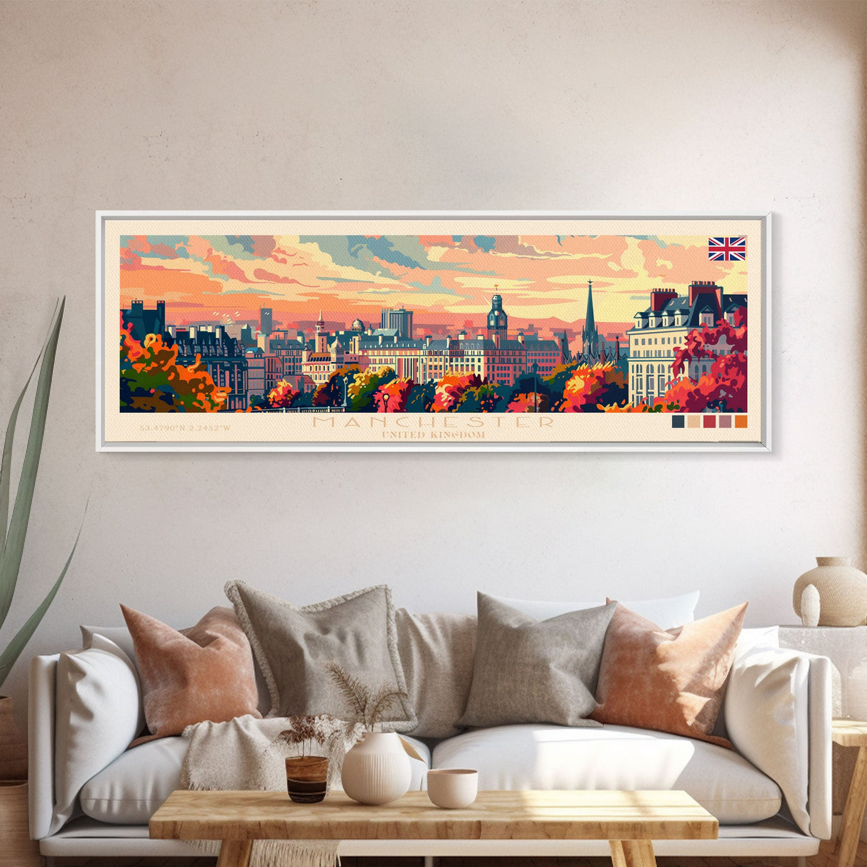 Manchester United Kingdom Panoramic Travel Poster, Framed Canvas Print or Metal Wall Art, Travel Art, Home Decor, Panoramic Painting, Midcentury Art