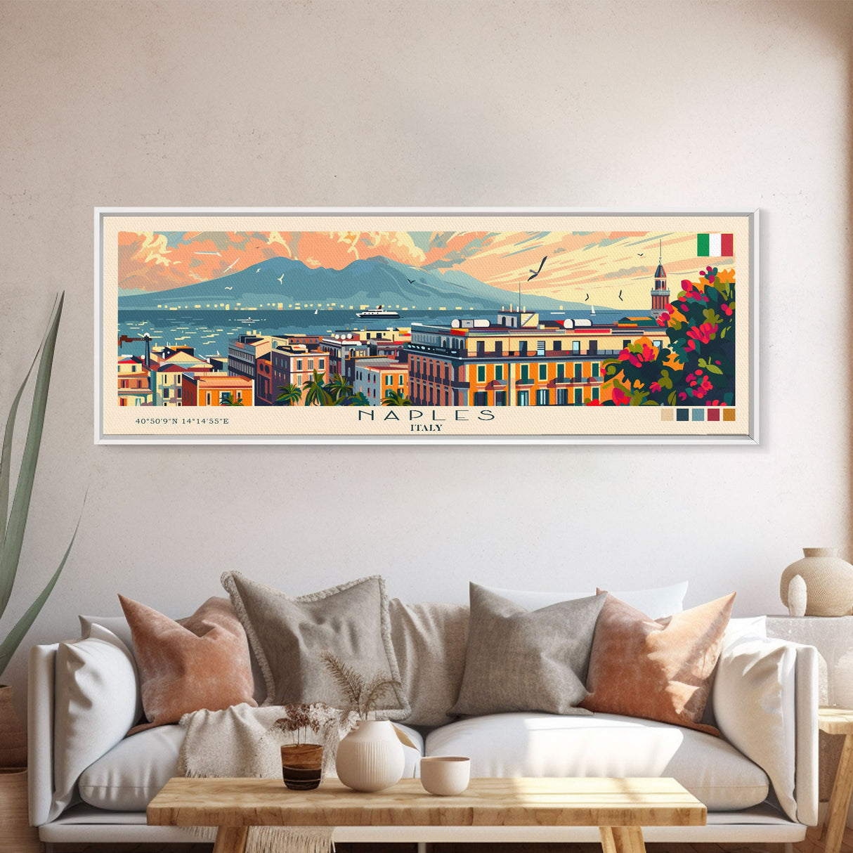 Naples Italy Travel Art, City Art, Framed Canvas Print or Metal Wall Art, Europe Travel Poster, Panoramic Wall Art, Extra Wide Wall Art