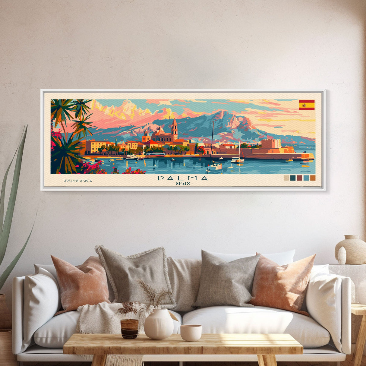 Palma Spain Travel Art, City Art, Framed Canvas Print or Metal Wall Art, Europe Travel Poster, Panoramic Wall Art, Extra Wide Wall Art