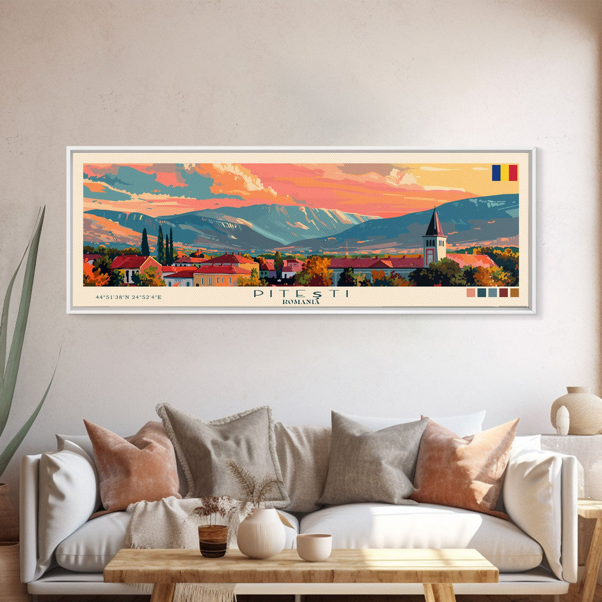 Piteti Romania Panoramic Travel Poster, Framed Canvas Print or Metal Wall Art, Travel Art, Home Decor, Panoramic Painting, Midcentury Art