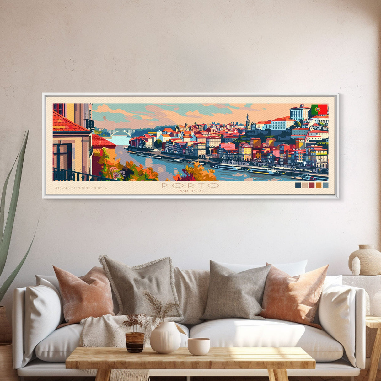 Porto Portugal Panoramic Travel Poster, Framed Canvas Print or Metal Wall Art, Travel Art, Home Decor, Panoramic Painting, Midcentury Art