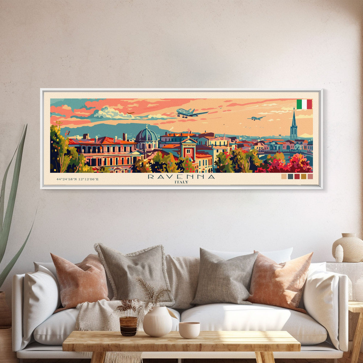 Ravenna Italy Panoramic Travel Poster, Framed Canvas Print or Metal Wall Art, Travel Art, Home Decor, Panoramic Painting, Midcentury Art