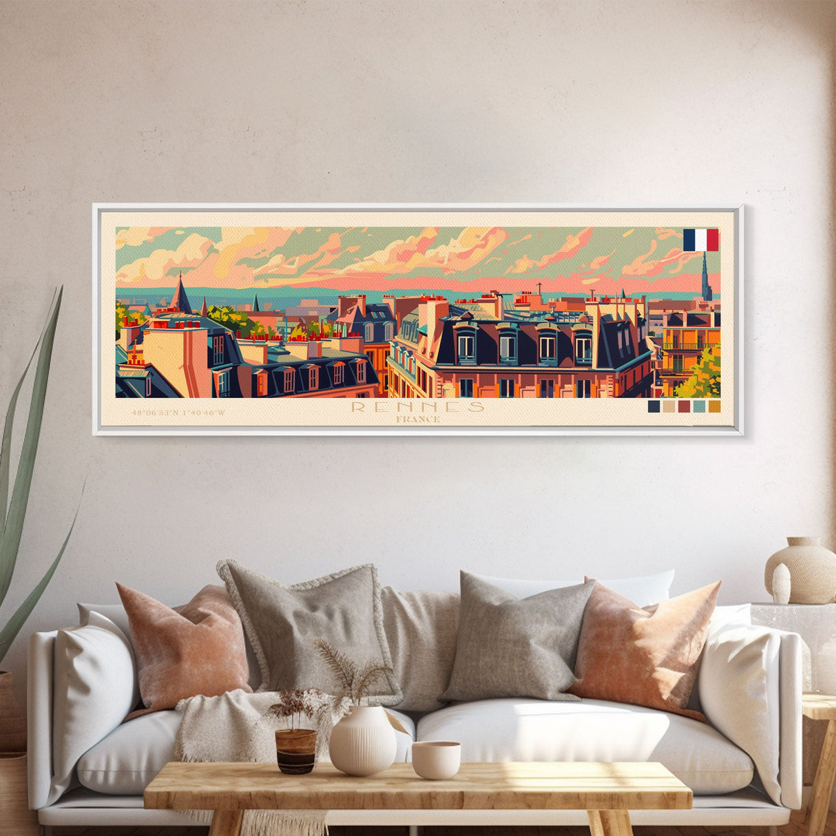 Rennes France Panoramic Travel Poster, Framed Canvas Print or Metal Wall Art, Travel Art, Home Decor, Panoramic Painting, Midcentury Art