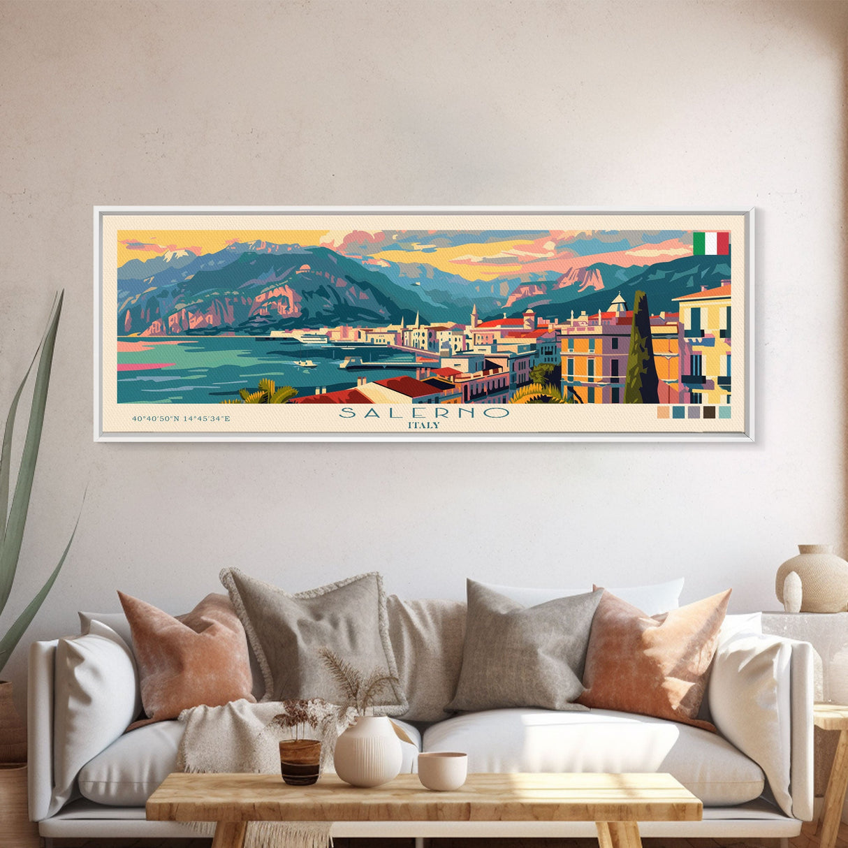 Salerno Italy Travel Art, City Art, Framed Canvas Print or Metal Wall Art, Europe Travel Poster, Panoramic Wall Art, Extra Wide Wall Art