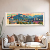 Salzburg Austria Panoramic Travel Poster, Framed Canvas Print or Metal Wall Art, Travel Art, Home Decor, Panoramic Painting, Midcentury Art