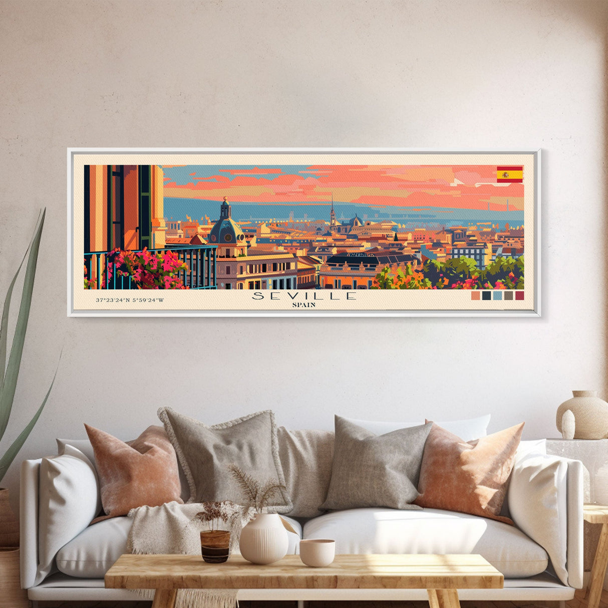 Seville Spain Panoramic Travel Poster, Framed Canvas Print or Metal Wall Art, Travel Art, Home Decor, Panoramic Painting, Midcentury Art