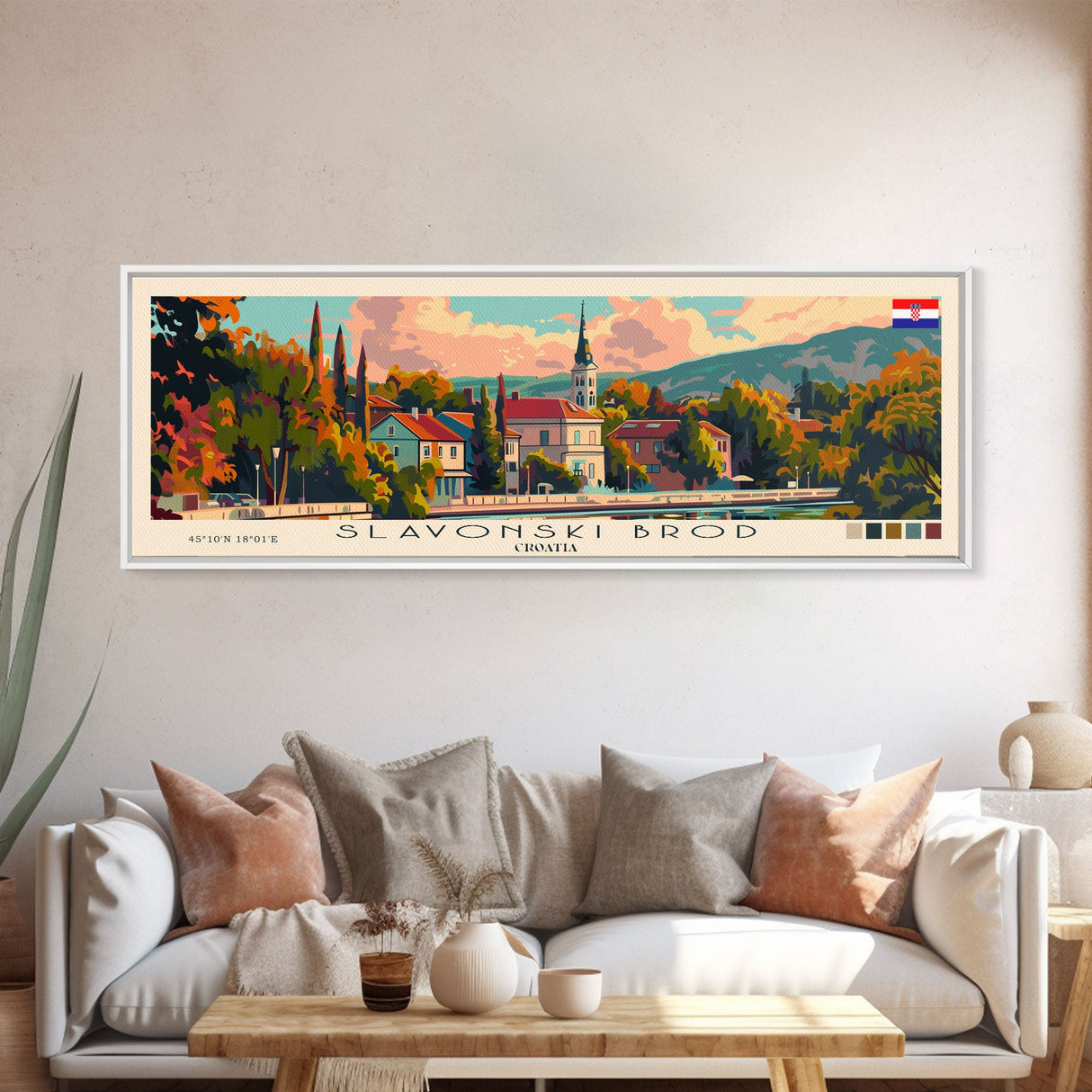 Slavonski Brod Croatia Panoramic Travel Poster, Framed Canvas Print or Metal Wall Art, Travel Art, Home Decor, Panoramic Painting, Midcentury Art